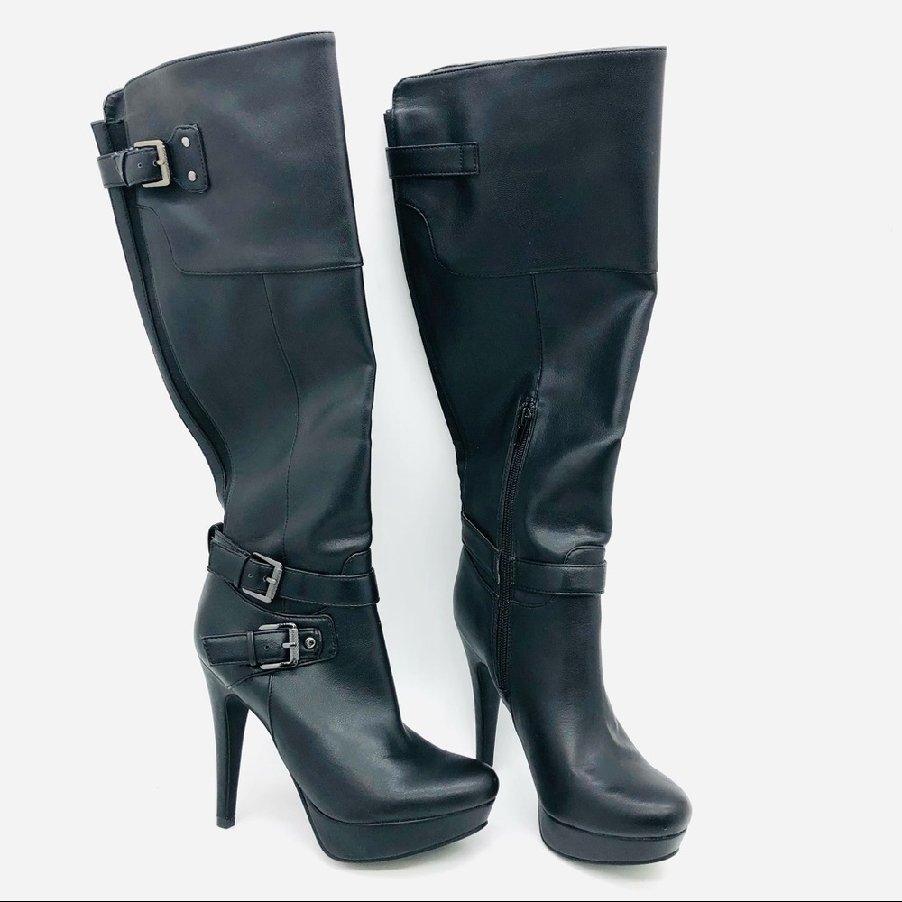 G by Guess Black High Heeled Leather Boots Knee High Buckle 6.5 M barely used - Picture 4 of 9